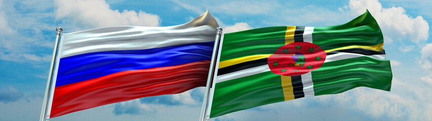 Dominica Flag and Russia Flag waving with texture in Blue sky and clouds Double flag