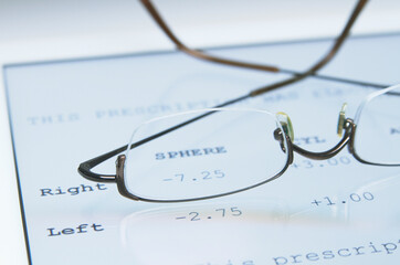 Spectacles for myopia correction on a digital tablet that displays a prescription for glasses