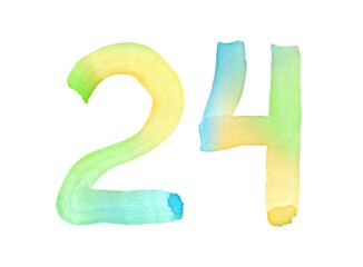 Watercolor numbers, hand-drawn by brush. Multicolor vintage symbol. Template for greetings, design, postcards, decoration.