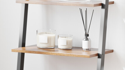 scented candle in glass with blank label mockup with aroma reed diffuser on wooden shelf on white wall background, home aromatic candles, aromatherapy, 3d rendering