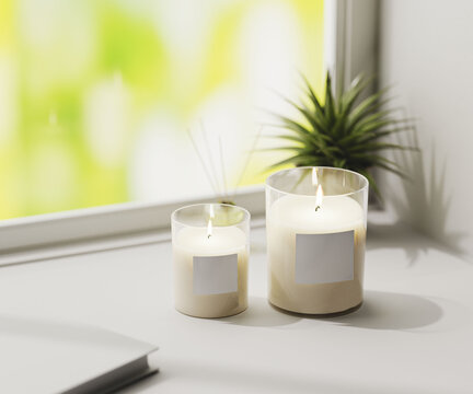 Scented Candle With Blank Label Mockup, Burning White Aromatic Candles In Glass On White Surface With Green Plant On Background, Home Aromatique Candles, Aromatherapy, 3d Rendering