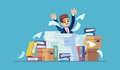 Unorganized office work. Accounting paper documents piles, man sitting at table with heaps of paper sheets, ineffective workflow, unfinished job, time management vector flat concept