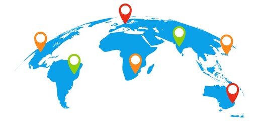 World map infographics. Continents with colorful location pins, international business presentation template, global communication visualization vector information graphic isolated