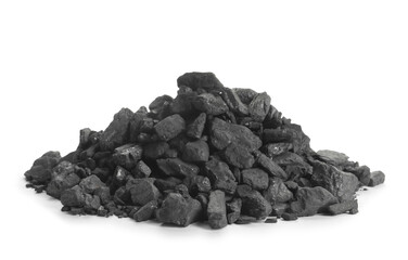 Heap of coal isolated on white. Mineral deposits - obrazy, fototapety, plakaty