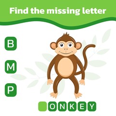 Find and write the missing letter. Worksheet for education. Mini-game for children. Vector illustration with a monkey.