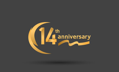 14 years anniversary logotype with double swoosh, ribbon golden color isolated on black background - obrazy, fototapety, plakaty