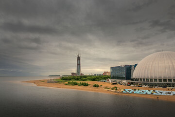 a new district in St. Petersburg. river, bridge, new building.