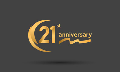 Fototapeta premium 21 years anniversary logotype with double swoosh, ribbon golden color isolated on black background