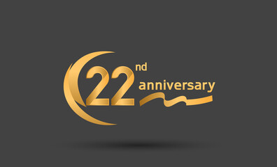 Obraz premium 22 years anniversary logotype with double swoosh, ribbon golden color isolated on black background