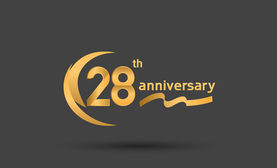 28 years anniversary logotype with double swoosh, ribbon golden color isolated on black background - obrazy, fototapety, plakaty