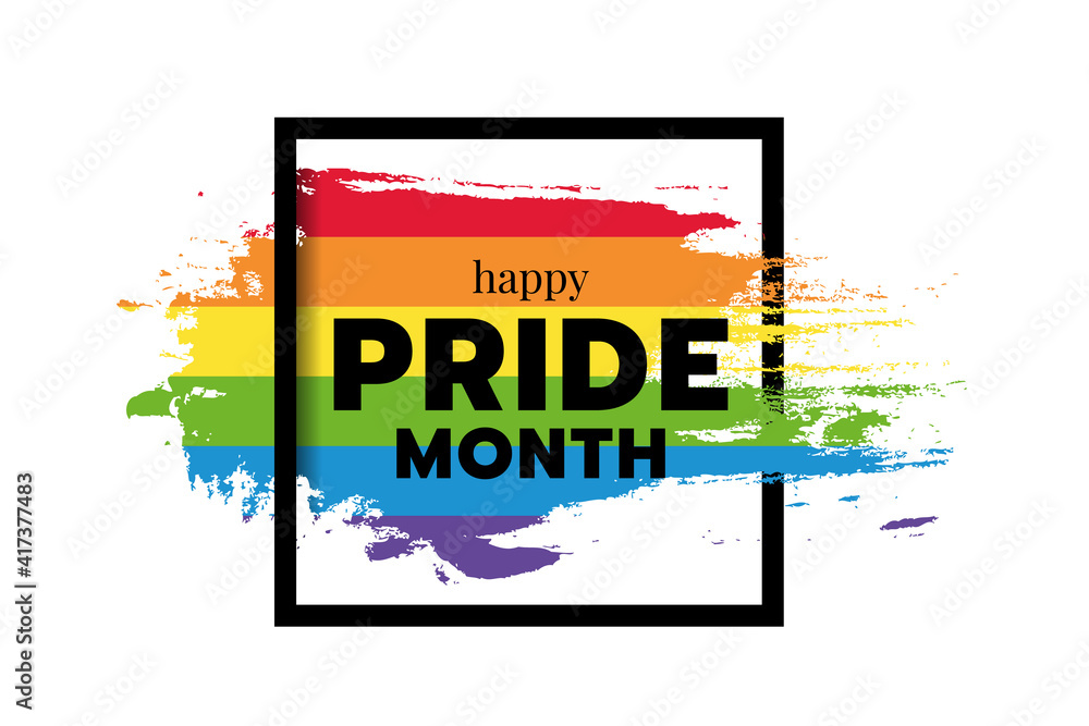 Poster happy pride month text word on rainbow flag ink brush and square frame vector design