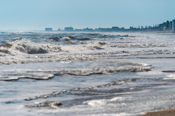 View of storm seascape. Seashore and sea waves landscape