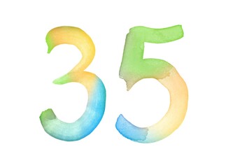 Watercolor numbers, hand-drawn by brush. Multicolor vintage symbol. Template for greetings, design, postcards, decoration.
