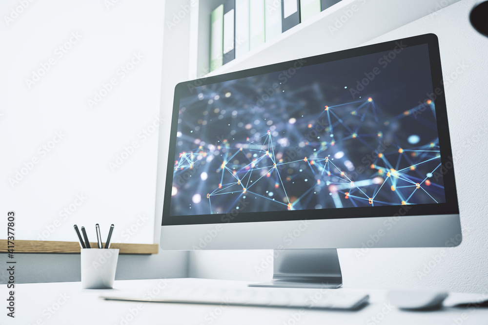 Poster modern computer monitor with technology desktop. research and development software concept. 3d rende