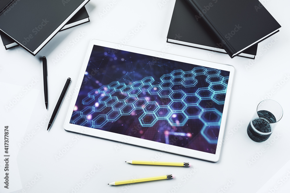 Aufkleber creative abstract wireless technology hologram with hexagon on modern digital tablet display, artifi