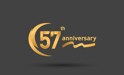 57 years anniversary logotype with double swoosh, ribbon golden color isolated on black background