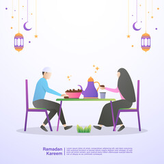 Muslim families eat iftar of Ramadan together in happiness. Illustration concept of ramadan kareem