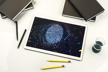 Top view of modern digital tablet display with abstract creative fingerprint illustration, personal biometric data concept. 3D Rendering