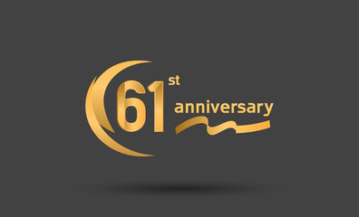 61 years anniversary logotype with double swoosh, ribbon golden color isolated on black background