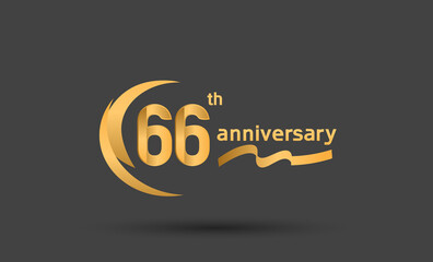 66 years anniversary logotype with double swoosh, ribbon golden color isolated on black background