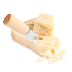 Delicious parmesan cheese and knife on white background