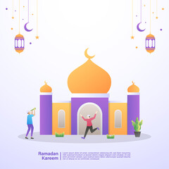 A Muslim is happy to welcome the month of Ramadan at a mosque. Illustration concept of ramadan kareem