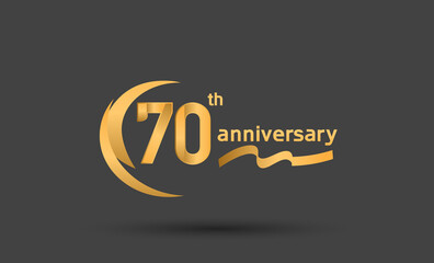 70 years anniversary logotype with double swoosh, ribbon golden color isolated on black background