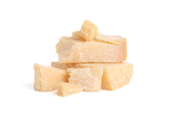 Pieces of delicious parmesan cheese on white background