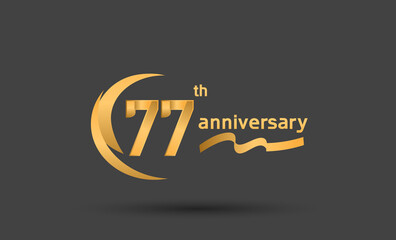 77 years anniversary logotype with double swoosh, ribbon golden color isolated on black background