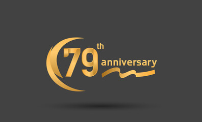 79 years anniversary logotype with double swoosh, ribbon golden color isolated on black background