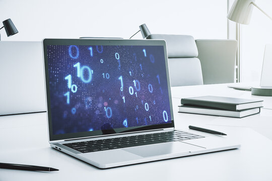 Modern computer monitor with creative abstract binary code hologram. Database and programming concept. 3D Rendering