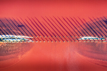 Abstract view of pink lake salt water from drone. Creative nature color concept. Top view background