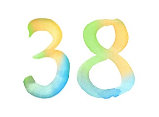 Watercolor numbers, hand-drawn by brush. Multicolor vintage symbol. Template for greetings, design, postcards, decoration.