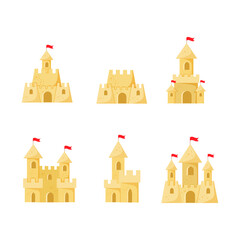 Set of Beach sand castles vector illustration in a cartoon flat style isolated on white background.
