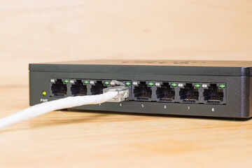 white cables to connect Lan port concept Communication connection technology