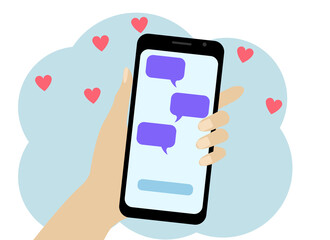 Hand with a mobile phone. In the phone SMS with a declaration of love.