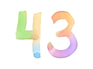 Watercolor numbers, hand-drawn by brush. Multicolor vintage symbol. Template for greetings, design, postcards, decoration.