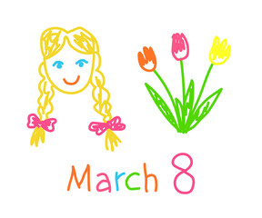 Bouquet of tulips on a white background. Children's drawing. Congratulations on March 8. Vector illustration.