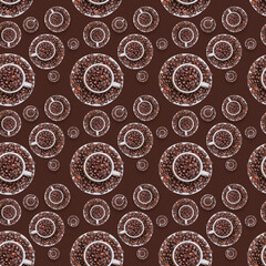 A white cup and saucer filled with roasted coffee beans. Seamless pattern. View from above.