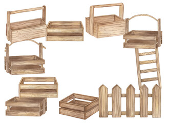 Watercolor wooden Gardening ladder, box and fence