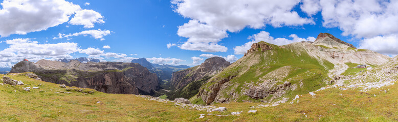 Fototapeta na wymiar Hyper panorama of the valley Val Gardena In summer time. Italian Dolomites, South Tyrol
