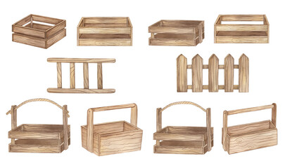 Watercolor wooden Gardening ladder, box and fence