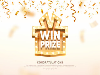 Win prize gift box with golden retro board broadway sign vector illustration. Winning celebration with confetti on light background 