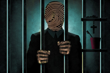 A Catholic priest identified by his clergyman collar is seen in silhouette behind bars with his filthy hands gripping the bars. He is in shadows and his face is in darkness.