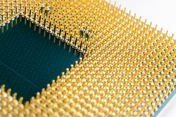 Computer processor, macro. CPU close-up. Selective focus. Blurred background