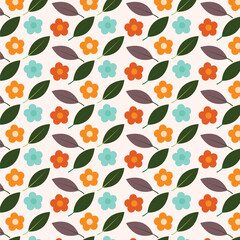 colorful flower and leaves illustration repeat pattern background.
