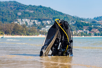 Underwater diving equipment on a tropical beach