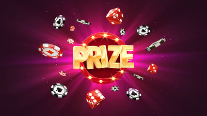 Win prize in gambling game purple background vector banner. Winning money congratulations illustration for casino or online games.Chips and dice explosion © Oleg