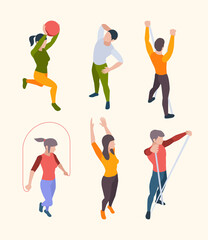 Home fitness characters. People sport gym exercises with online broadcasting instructor functional aerobics workout and yoga vector isometric set. Ilustration person body in gym do fitness