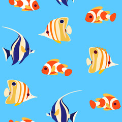 Fototapeta premium Simple trendy seamless pattern with coral fish - clown fish, butterfly fish and moorish idol fish. Flat illustration.